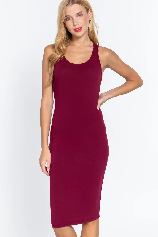 Racerback Sleeveless Midi Dress Comfortable Ruched Midi Dress