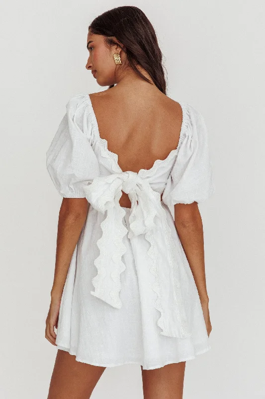 Akali Puff Sleeve A-line Mini Dress White Chic Bohemian Mini Dress