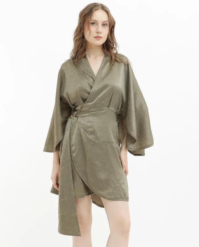 Rareism Women Alapeno Dark Olive Satin Fabric 3/4Th Sleeves Tie-Up Closure V-Neck Bell Sleeve Relaxed Fit Plain Mini Dress