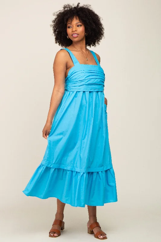 Aqua Pleated Back Tie Midi Dress Trendy Floral Wrap Midi Dress