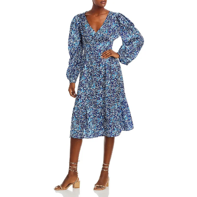 Aqua Womens Smocked Printed Midi Dress Elegant Pleated Detail Midi Dress