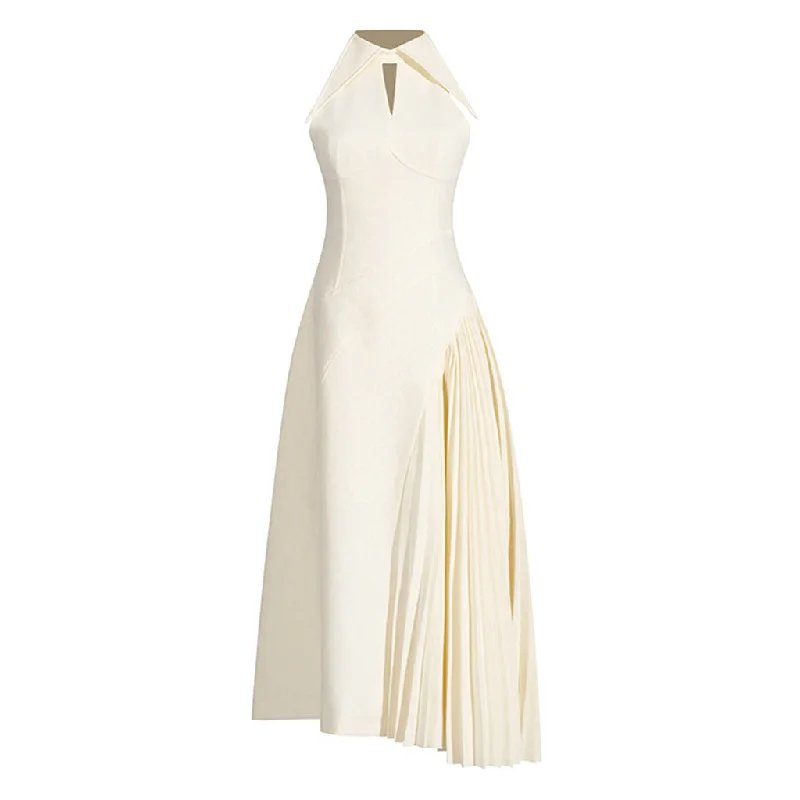 Asymmetrical Hem Pointed Collar Keyhole Sleeveless Pleated Midi Dress Elegant Pleated Detail Midi Dress Asymmetrical Hem Pointed Collar Keyhole Sleeveless Pleated Midi Dress Elegant Pleated Detail Midi Dress