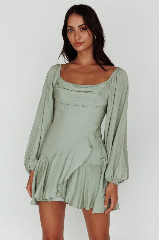 Beaujolais Long Sleeve Cowl Neckline Ruffle Mini Dress Sage Elegant Velvet Mini Dress Beaujolais Long Sleeve Cowl Neckline Ruffle Mini Dress Sage Elegant Velvet Mini Dress