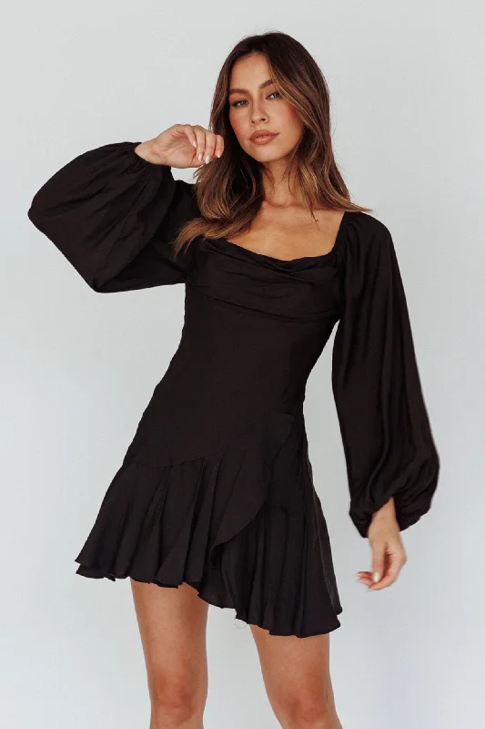 Beaujolais Long Sleeve Cowl Neckline Ruffle Satin Mini Dress Black