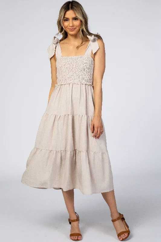 Beige Bow Strap Tiered Midi Dress Elegant V-Neck Midi Dress