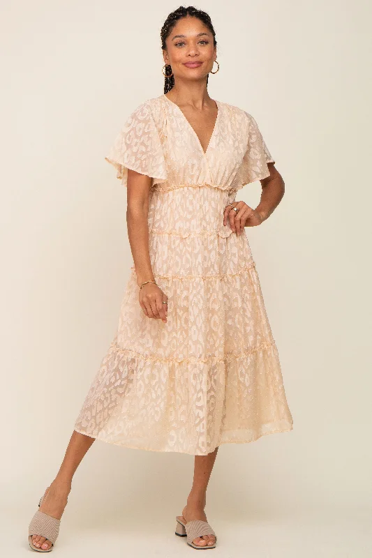 Beige Chiffon Animal Print Tiered Midi Dress Comfortable Knitwear Midi Dress