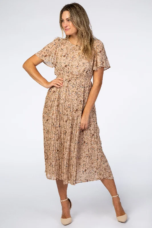Beige Floral Pleated Chiffon Midi Dress Elegant Sleeveless Midi Dress