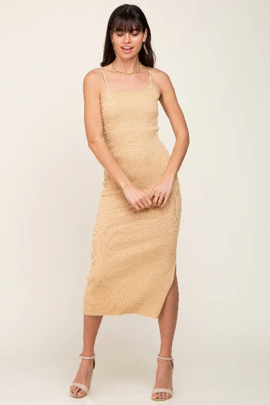 Beige Ribbed Knit Side Slit Midi Dress Elegant Sleeveless Midi Dress