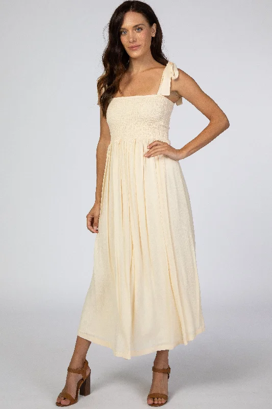 Beige Smocked Tie Strap Midi Dress Fashionable Chiffon Midi Dress