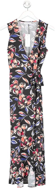 Bella and Blue Black Sleeveless Wrap Midi Dress With Tie In Floral UK 8