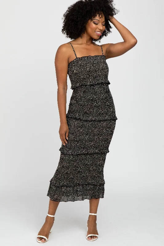 Black Animal Print Smocked Fitted Midi Dress Elegant Lace Trim Midi Dress