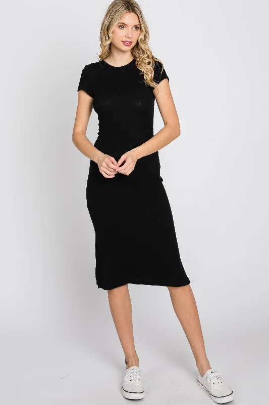 Black Brushed Ribbed Midi Dress Comfortable Floral Print Midi Dress