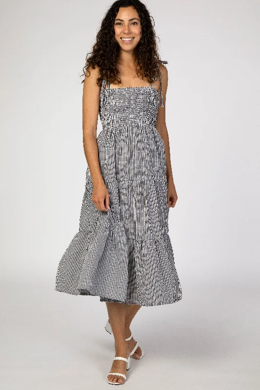 Black Checkered Tiered Midi Dress Comfortable Lace-Up Midi Dress
