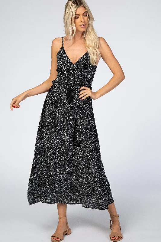 Black Dot Print V-Neck Midi Dress Elegant Faux Wrap Midi Dress