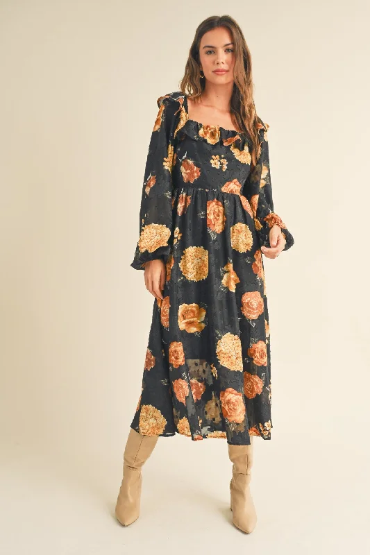 Black Floral Jacquard Chiffon Balloon Sleeve Midi Dress Trendy Off-Shoulder Ruffle Midi Dress