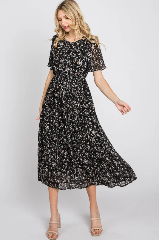 Black Floral Pleated Short Sleeve Chiffon Midi Dress Stylish Satin Midi Dress