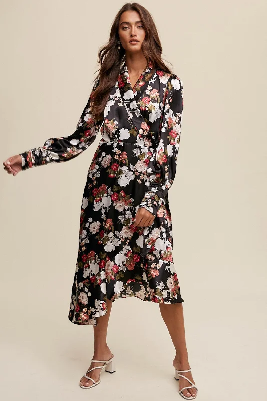 Black Floral Print Long Seeve Satin Wrap Midi Dress Cozy Tie-Dye Midi Dress