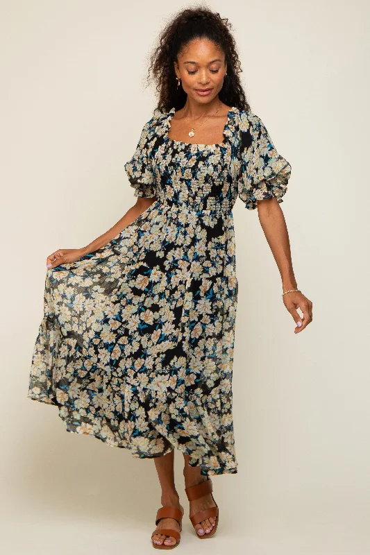 Black Floral Puff Sleeve Midi Dress Comfortable Ribbed Midi Dress