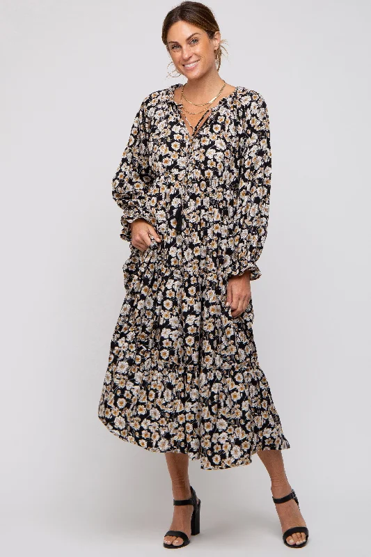 Black Floral Ruffle Neck Tiered Midi Dress Fashionable Floral Embroidery Midi Dress