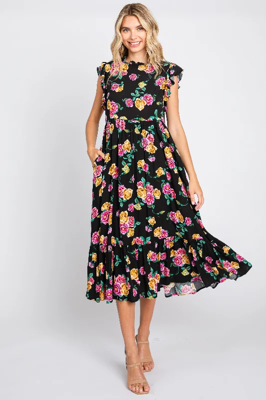 Black Floral Ruffle Shoulder Tiered Midi Dress Comfortable Deep V Midi Dress