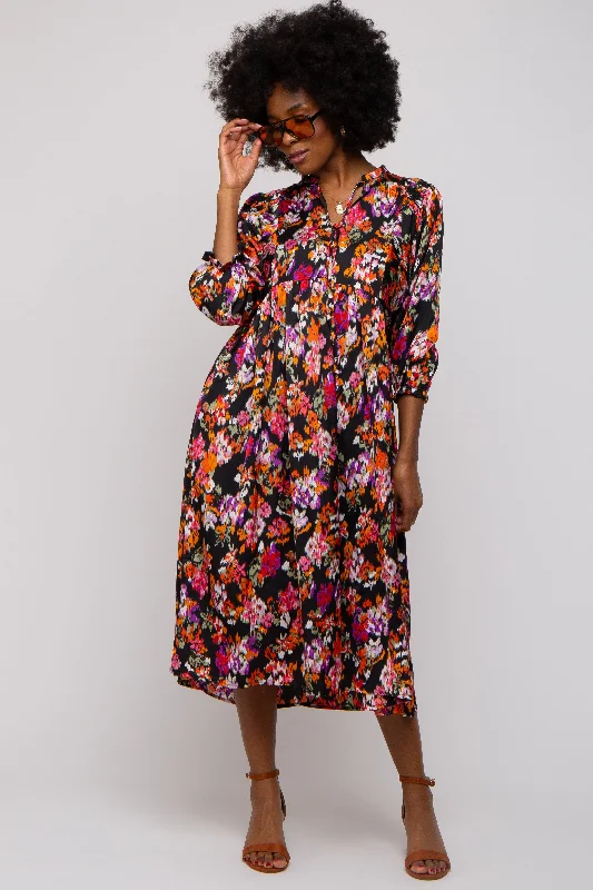 Black Floral Satin Ruffle Neck Midi Dress Stylish Button-Down Midi Dress
