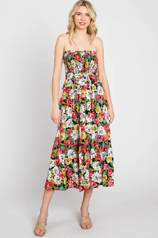 Black Floral Smocked Strapless Midi Dress Elegant V-Neck Midi Dress