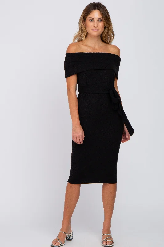 Black Folded Off Shoulder Waist Tie Midi Dress Fashionable Fitted Midi Dress