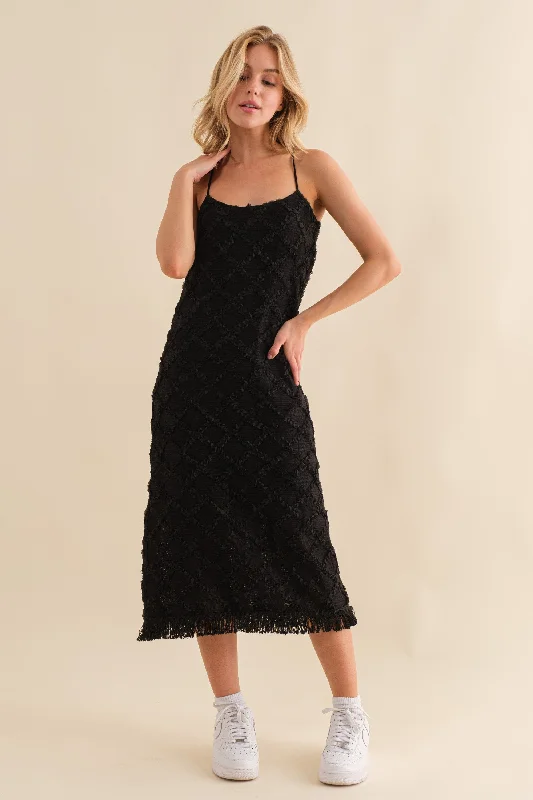 Black Fringe Mesh Midi Dress Stylish Color Block Midi Dress