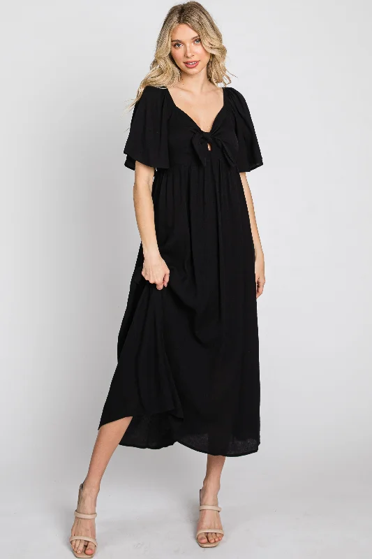 Black Front Tie Ruffle Sleeve Midi Dress Trendy Ruffled Sleeve Midi Dress