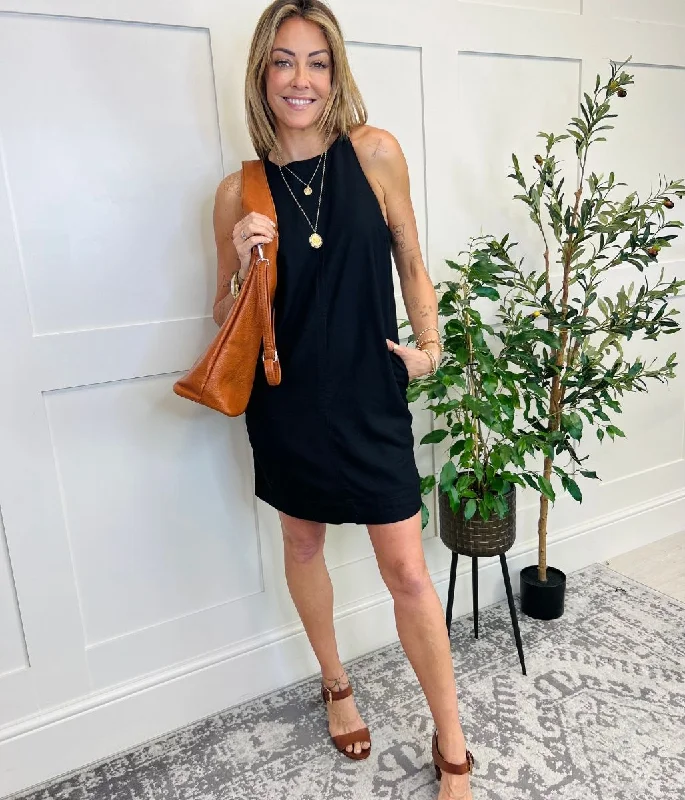 Black Linen Blend Mini Dress Chic Pleated Mini Dress