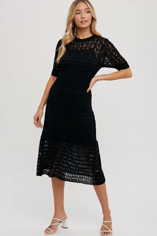 Black Open Knit Crochet Midi Dress Stylish Off-Shoulder Ruffle Dress