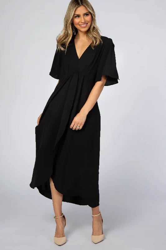 Black Open Sleeve Wrap Midi Dress Fashionable Off-Shoulder Dress Midi