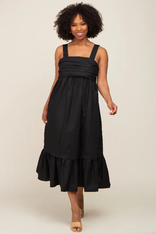 Black Pleated Back Tie Midi Dress Comfortable Stretch Midi Dress