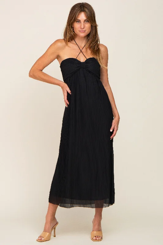 Black Pleated Cross Front Halter Midi Dress Stylish Button-Up Midi Dress