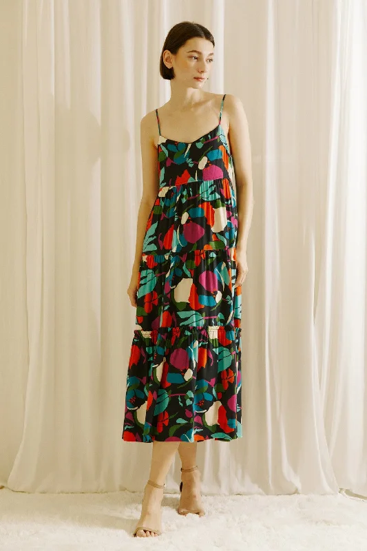 Black Printed Tiered Midi Dress Stylish Satin Midi Dress