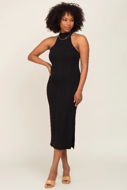 Black Ribbed Mock Neck Sleeveless Side Slit Midi Dress Comfortable Draped Midi Dress Black Ribbed Mock Neck Sleeveless Side Slit Midi Dress Comfortable Draped Midi Dress