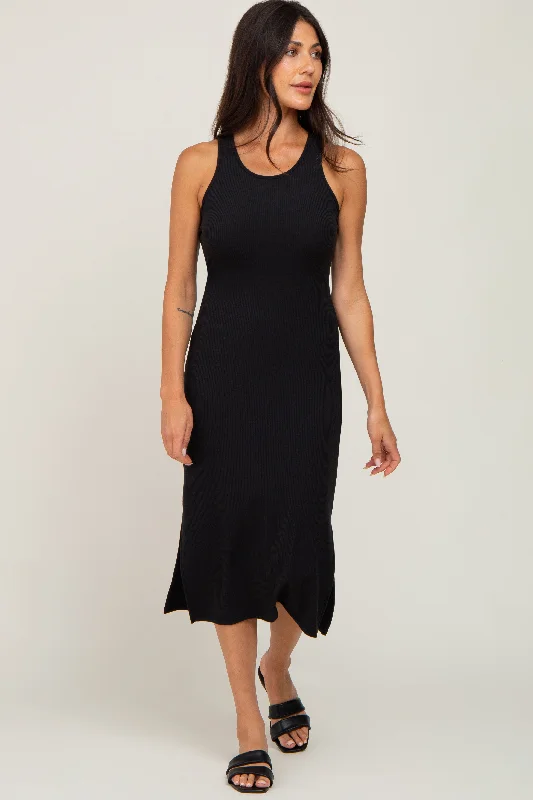 Black Ribbed Side Slit Midi Dress Fashionable High-Neck Midi Dress