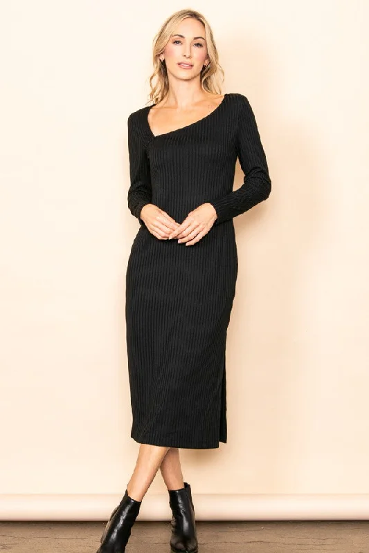 Black Ribbed Side Slit Midi Dress Comfortable Casual Midi Dress
