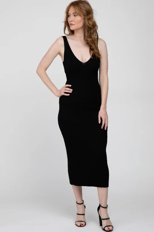 Black Ribbed Sleeveless Knit Midi Dress Stylish Satin Midi Dress