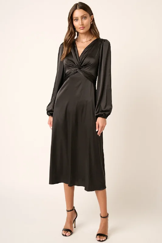 Black Satin Twist Front Detail Midi Dress Fashionable High-Neck Midi Dress