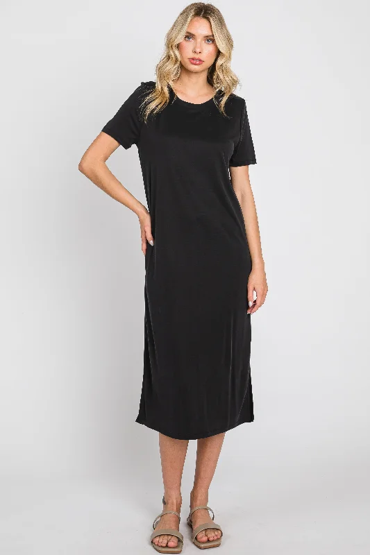 Black Shift Midi Dress Trendy Fit-and-Flare Midi Dress