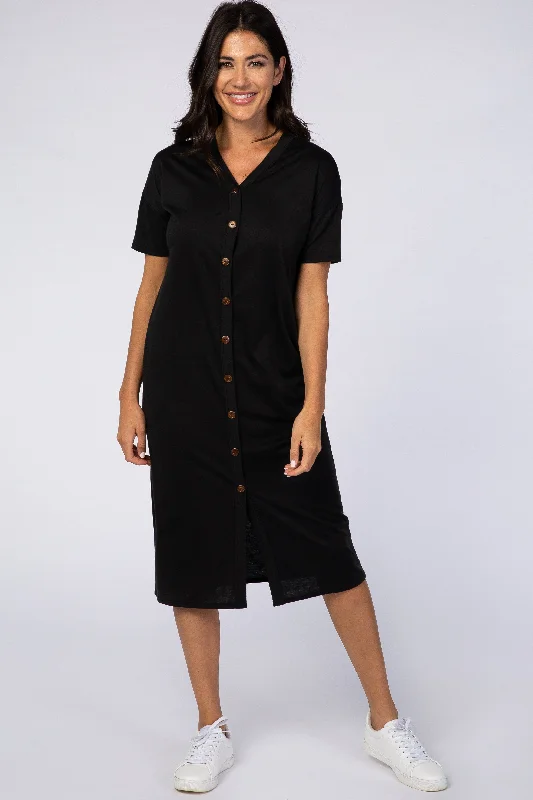 Black Short Sleeve V-Neck Button Detail Midi Dress Stylish Striped Midi Dress