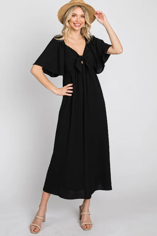 Black Textured Dot Front Tie Ruffle Sleeve Midi Dress Stylish Silk Midi Dress