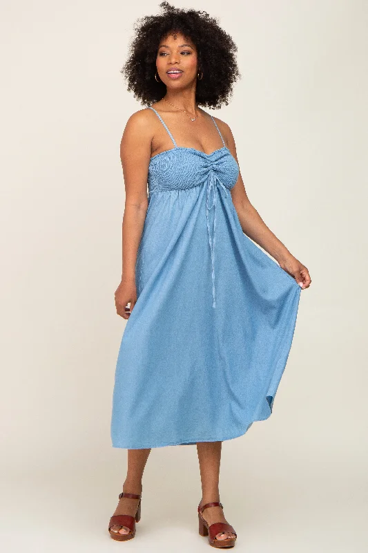 Blue Chambray Cinched Smocked Midi Dress Stylish Pleated Skirt Midi Dress