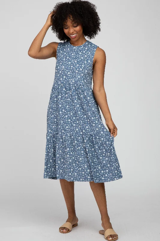 Blue Floral Ribbed Tiered Midi Dress Elegant Floral Appliqué Midi Dress