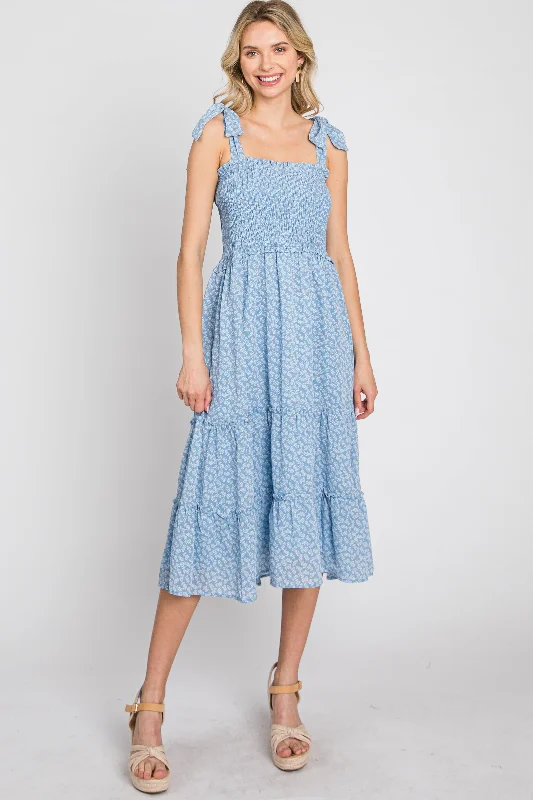 Blue Floral Sleeveless Smocked Tiered Midi Dress Trendy Off-Shoulder Ruffle Midi Dress