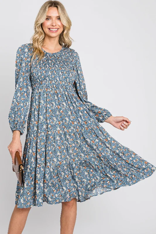Blue Floral Smocked 3/4 Sleeve Tiered Midi Dress Fashionable Wide Leg Midi Dress