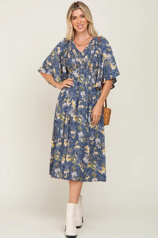 Blue Floral Smocked Flowy Half Sleeve Midi Dress Comfortable Casual Midi Dress