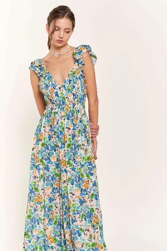 Blue Flower Midi Dress Comfortable Adjustable Strap Midi Dress