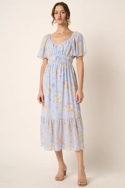 Blue Flower Print Midi Dress Cozy Spaghetti Strap Midi Dress